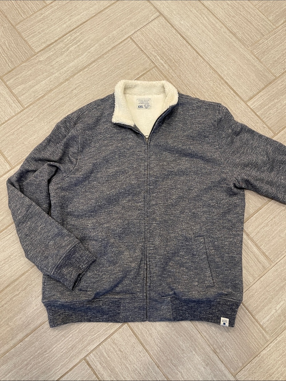 Lucky Brand Heather Navy Full-Zip Sweater with Cream Sherpa Lining